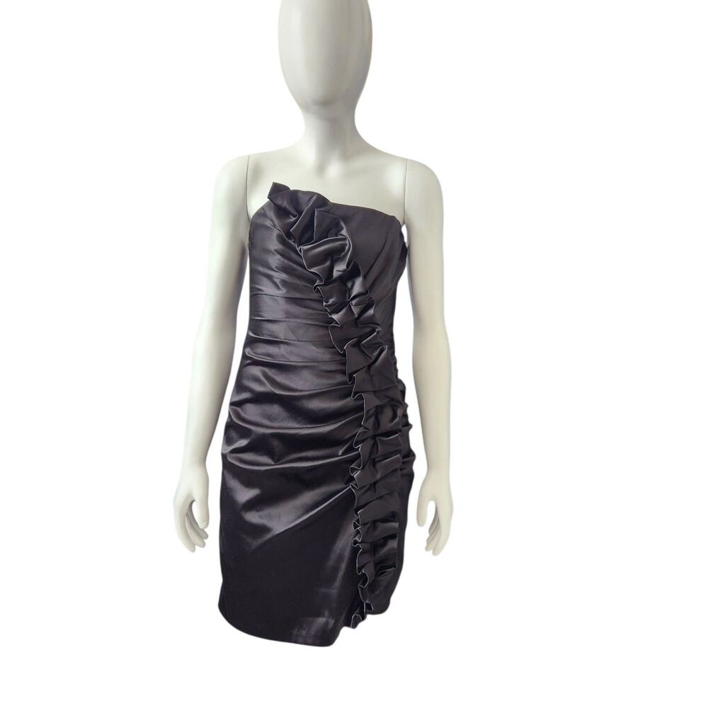 Jessica McClintock/Gunne Sax VTG Y2K  Strapless Black Satin Mini Dress-Ruffle-3
